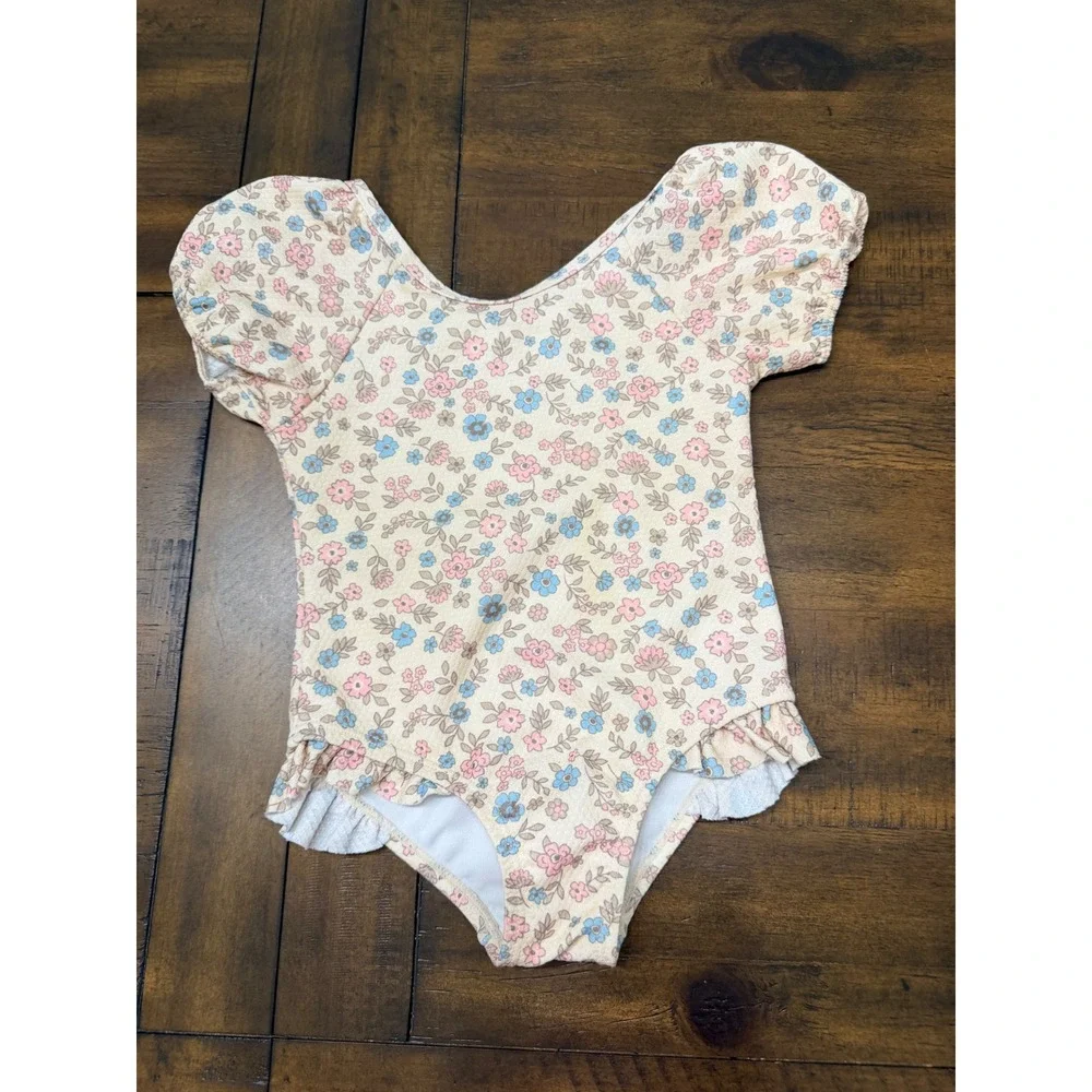 Wunderluxe Toddler Girls Floral Leotard Puff Sleeve Ruffle Bodysuit Cream 2T